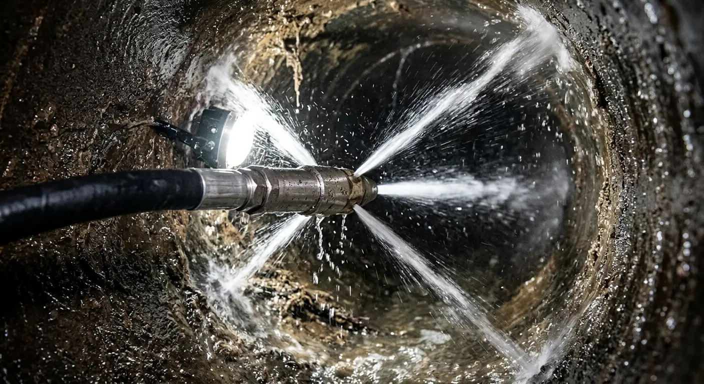 High-pressure hydro jetting nozzle cleaning sewer pipe for Emergency Drain Service in North Royalton