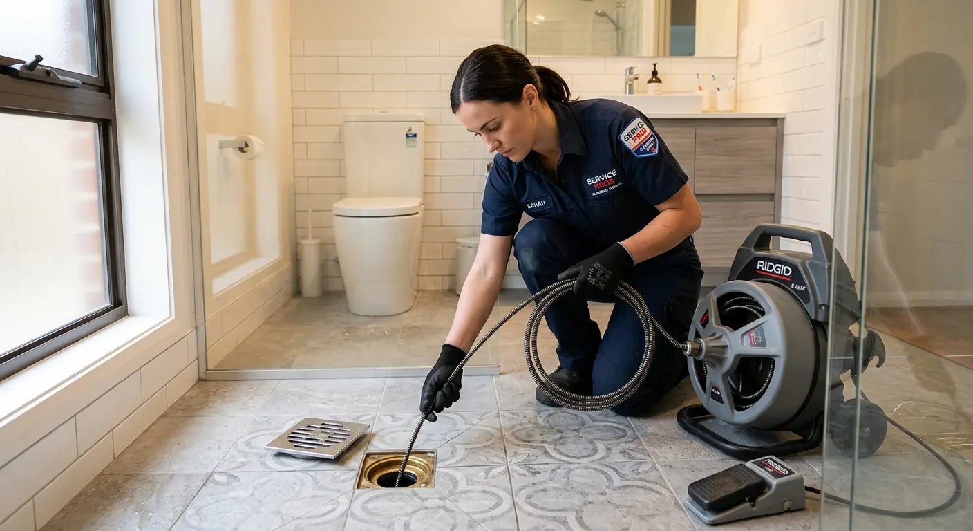 Technician clearing a bathroom floor drain for Sewer Line Replacement in North Royalton